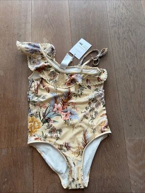 Zimmermann Tallow Frill one shoulder bathing suit girls cream floral size 8 NEW
